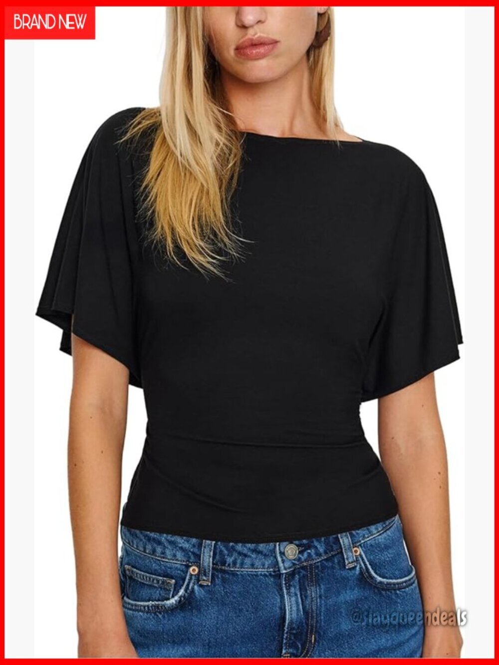 Short Sleeve Knit Top with Cinched Waist Boat Neck Tee Casual Wear